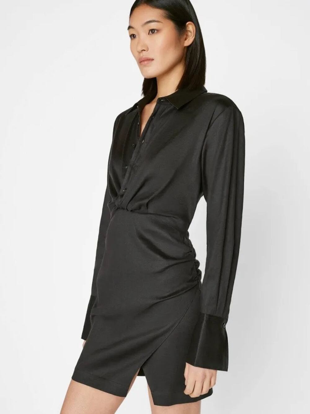 Frame Black Linen Blend Longsleeve Mini Twist Dress in Noire Size XS